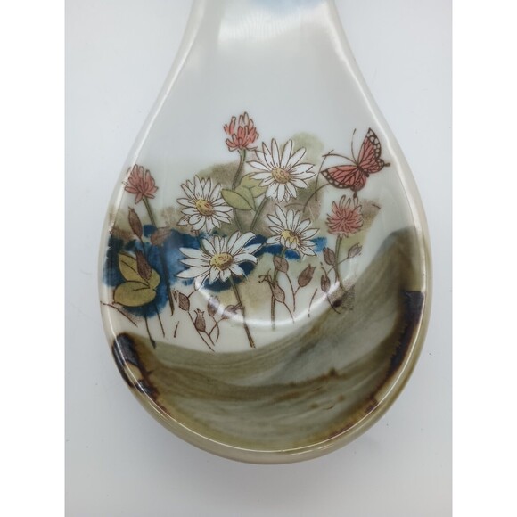 Vtg Otagiri Spoon Rest Flowers Butterfly Daisies Brown Blue Hand Painted Clover - Picture 3 of 4